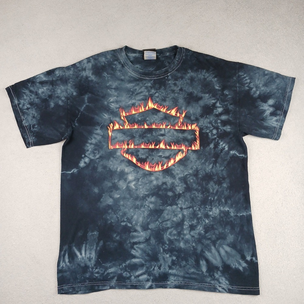 Harley-Davidson T-Shirt Mens Medium Blue Tie Dye Flame Bar & Shield Graphic Tee